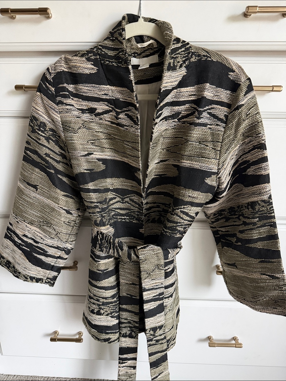H&M Black and Cream Textured Belted Trench Kimono